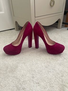 Miu Miu Fuchsia Suede Platform Pumps with Glitter Block Heel